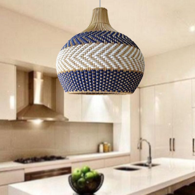 Blue and White Rattan Light Fixtures, Woven Rattan Pendant Light ...