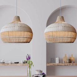 White Rattan Lamp Shade, Rattan Pendant Light Fixture, Bamboo Chandelier Kitchen Dinning Room HQ