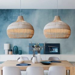 White Rattan Lamp Shade, Rattan Pendant Light Fixture, Bamboo Chandelier Kitchen Dinning Room HQ