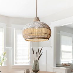 White Rattan Lamp Shade, Rattan Pendant Light Fixture, Bamboo Chandelier Kitchen Dinning Room HQ