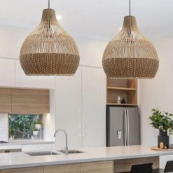 Bottom Tan Brown Rattan Pendant Light Double Fixture