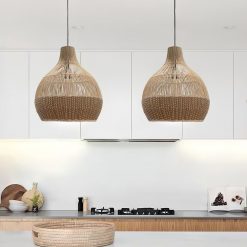 Bottom Tan Brown Rattan Pendant Light Over Kitchen Island